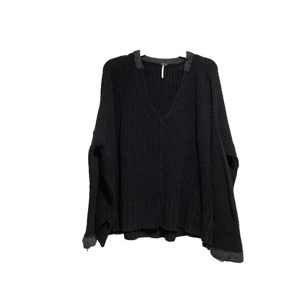 Free People Take over me v-neck oversized black ribbed sweater pullover XSMALL - Picture 2 of 10